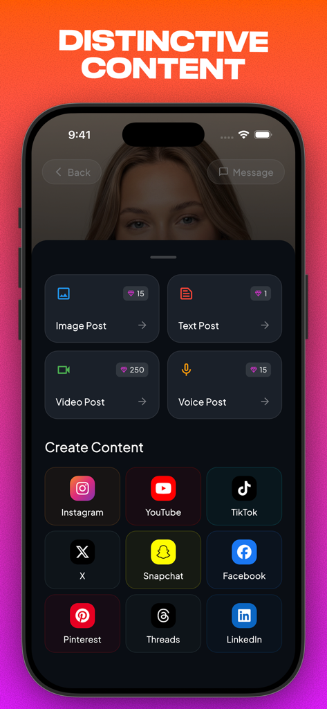 Mysona: AI Influencer Creator - Mysona app interface showing options to create AI image, text, video, and voice posts for various social media platforms like Instagram and TikTok.