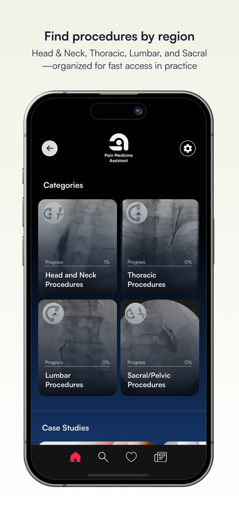 NYSORA Pain Medicine Assistant - NYSORA Pain Medicine Assistant app showing procedure categories by anatomical region like Head and Neck, Thoracic, and Lumbar.