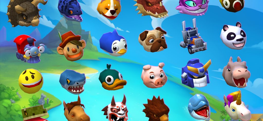 Diversas skins de serpientes en 3D y cabezas de personajes en Snake Rivals