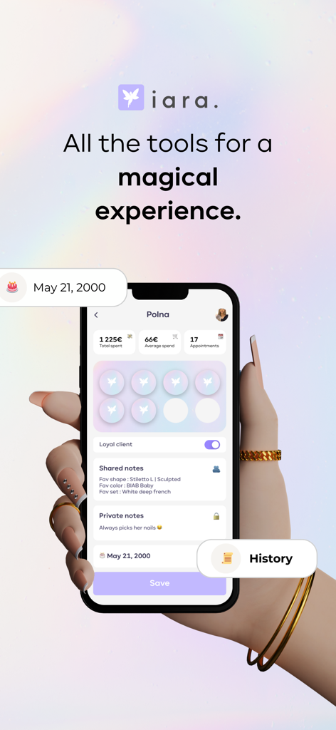 Client profile in the iara app displaying appointment history, spending statistics, and personalized beauty notes.