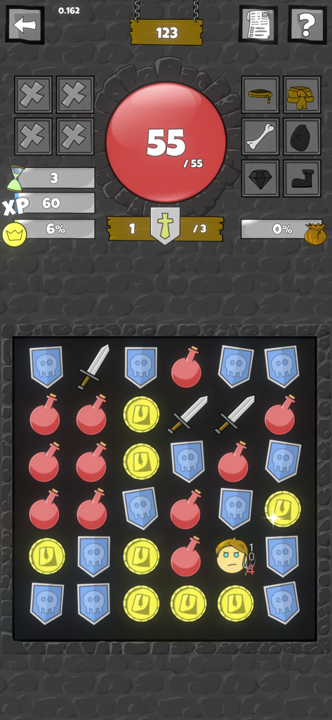 Troll Patrol - Gameplay screenshot of Troll Patrol showing a match 3 puzzle grid with RPG icons like swords potions shields and gold coins