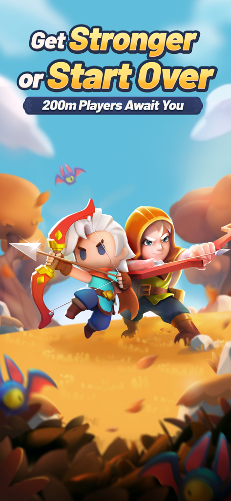 Dos personajes arqueros de Archero 2 en un paisaje con el texto 'Hazte más fuerte o empieza de nuevo'