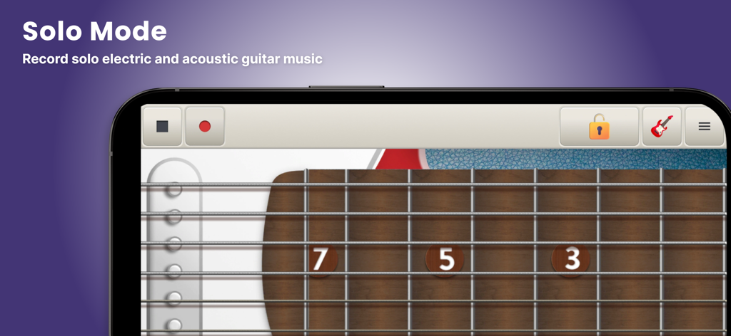 Virtual Guitar - Play Guitar - Interface de l'application Guitare Virtuelle montrant le mode Solo et des cordes de guitare électrique avec les commandes d'enregistrement