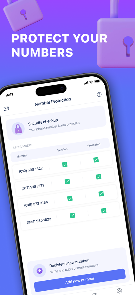 Interface showing the Number Protection feature of Number Finder True app with a list of verified and protected phone numbers