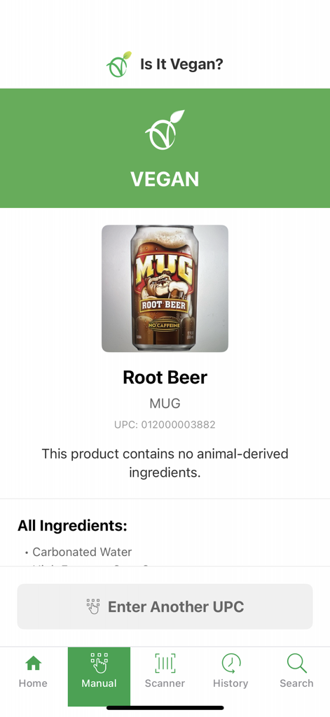 Is It Vegan? - Mobile app interface of Is It Vegan showing a vegan result for Mug Root Beer