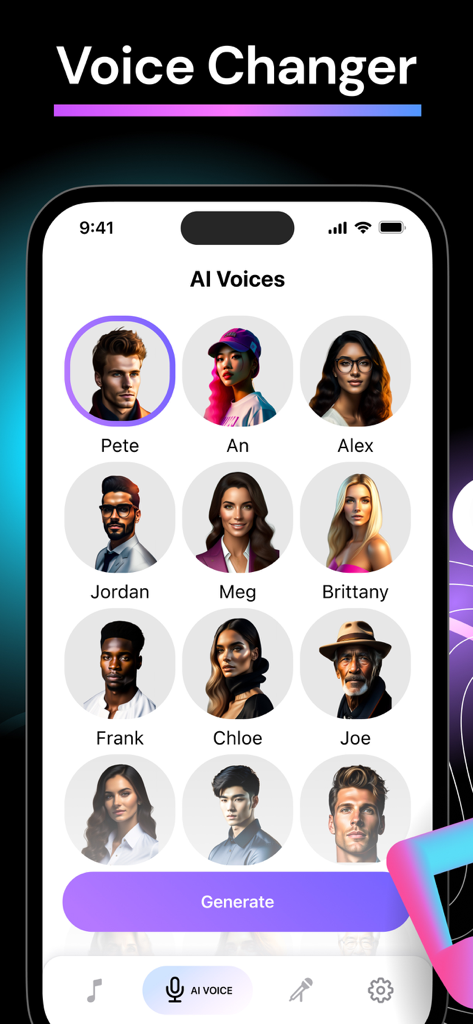 Tela de seleção de voz com IA com vários avatares de personagens para criar músicas de rap únicas e paródias de voz