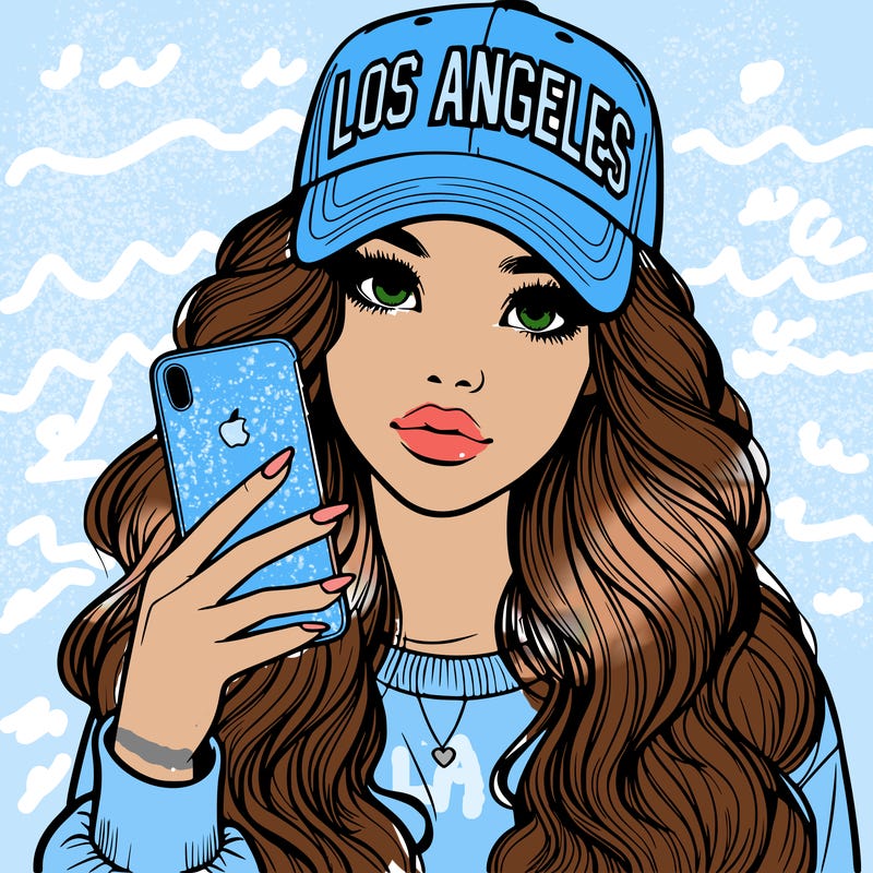 realistic beautiful girl wearing los ángeles cap holding an iphone