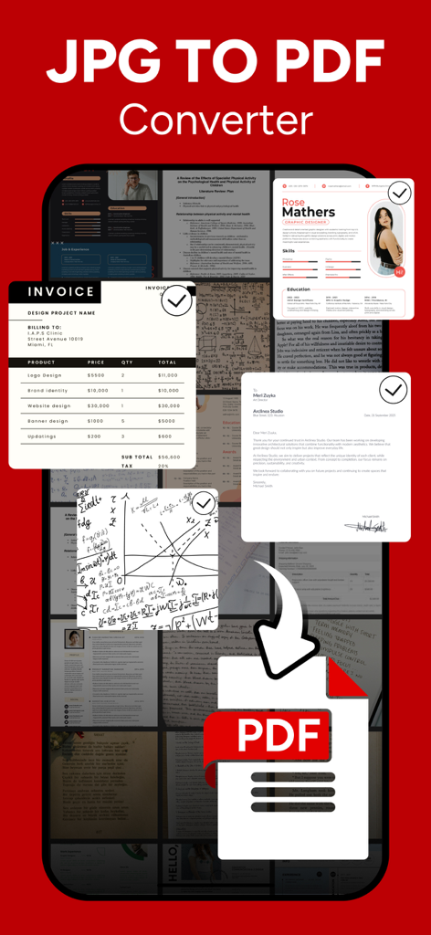 JPG to PDF - PDF Convertor - Mobile app screen showing the conversion of images and documents into a PDF file