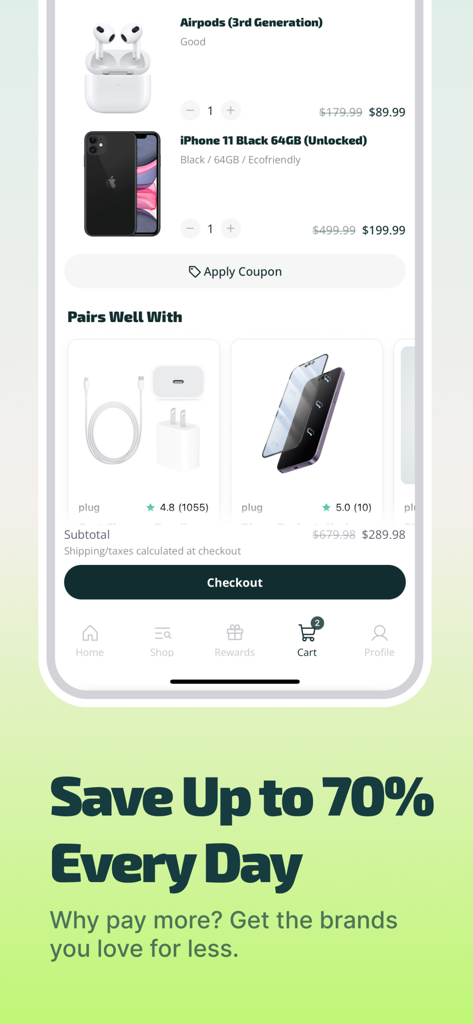 A screenshot of the Plug app shopping cart showing discounted refurbished AirPods and iPhone 11 with a checkout button and promotional text about saving 70 percent.