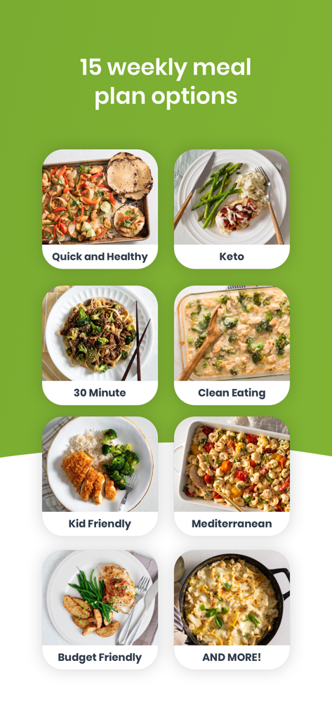 eMeals - Healthy Meal Plans - Exibição de quinze opções de planos de refeição semanais, incluindo categorias Keto, Mediterrânea e Amigável para Crianças.