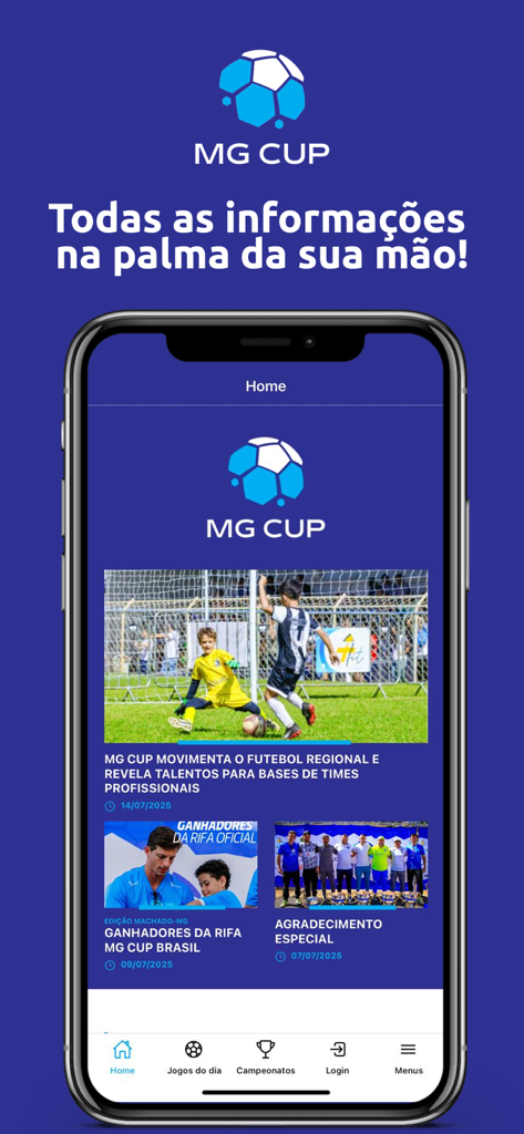 MG Cup Brasil - MG Cup Brasil 앱 홈 화면, 축구 뉴스 및 토너먼트 정보 표시