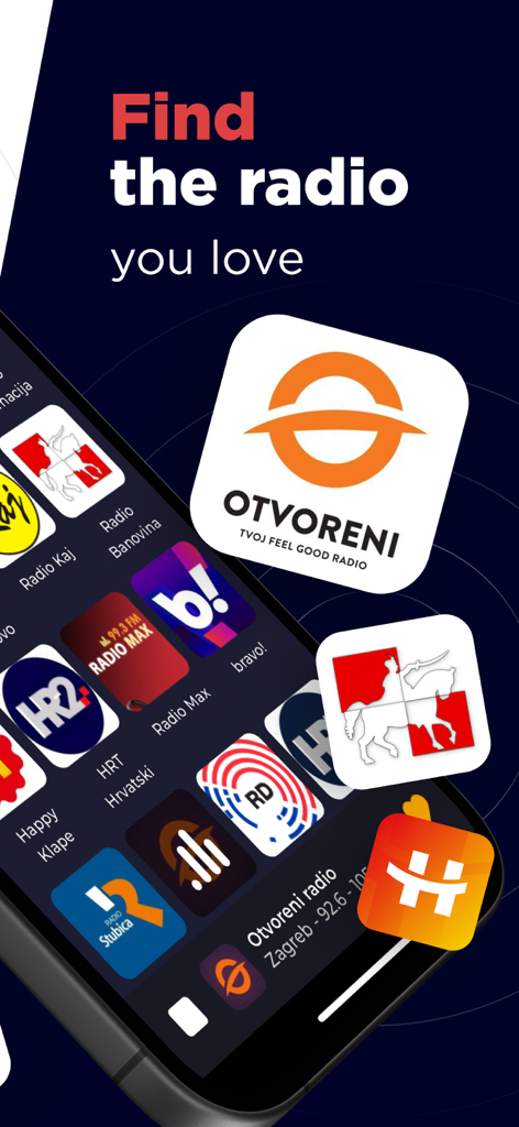 Radio Croatia FM Live Online - Tela do smartphone mostrando uma variedade de ícones de estações de rádio croatas com o texto Encontre a rádio que você ama