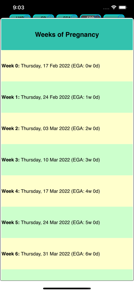 iFetal Pro +2 - A list of pregnancy weeks showing corresponding dates and estimated gestational age EGA from the iFetal Pro app.