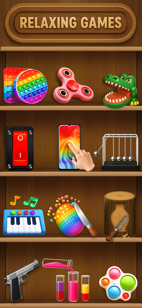 A menu of various antistress mini games including a fidget spinner, pop-it toy, and Newton's cradle displayed on wooden shelves.