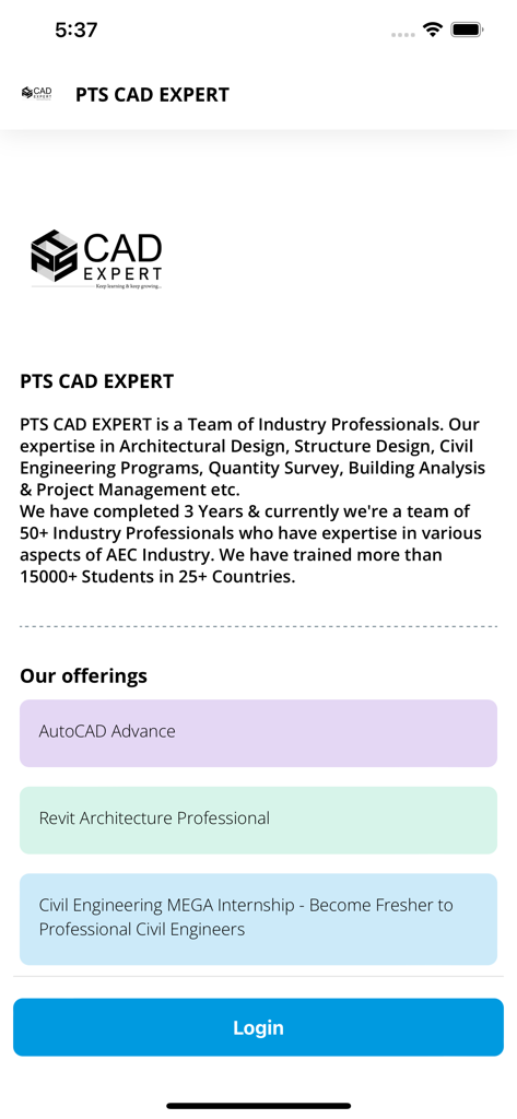 PTS CAD EXPERT - Interfaz de la aplicación móvil PTS CAD EXPERT que muestra cursos AEC profesionales como AutoCAD y Revit.