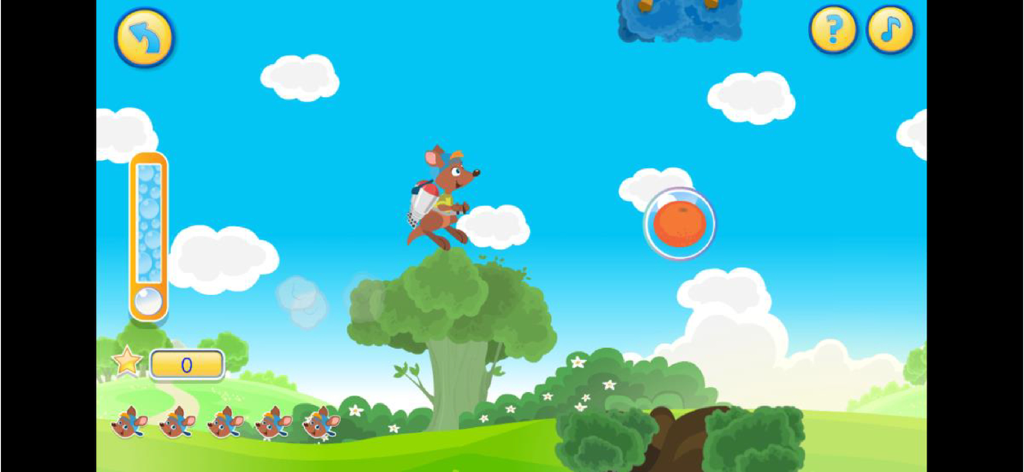 Kangi Club - English For Kids! - Un personaje canguro usando una mochila propulsora en un nivel de juego educativo de Kangi Club