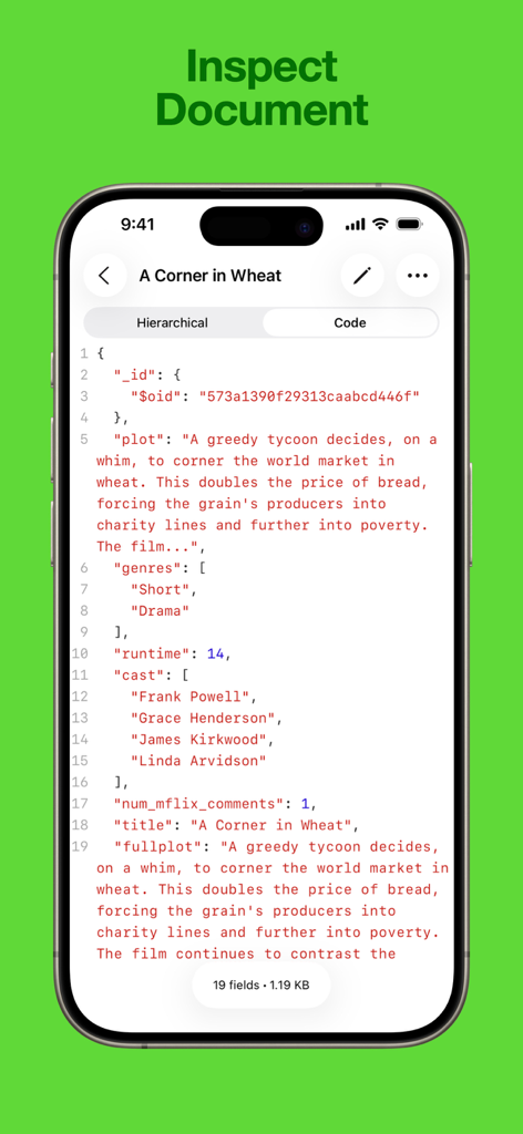 MongoPie - A mobile screen showing the MongoPie app inspecting a MongoDB document in JSON format.