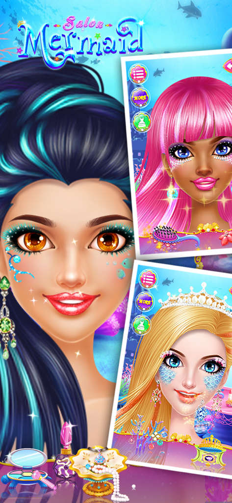 Mermaid Makeup Dressup - A group of colorful mermaid characters with different skin tones, vibrant hairstyles, and creative makeup designs from the Mermaid Makeup Dressup game.