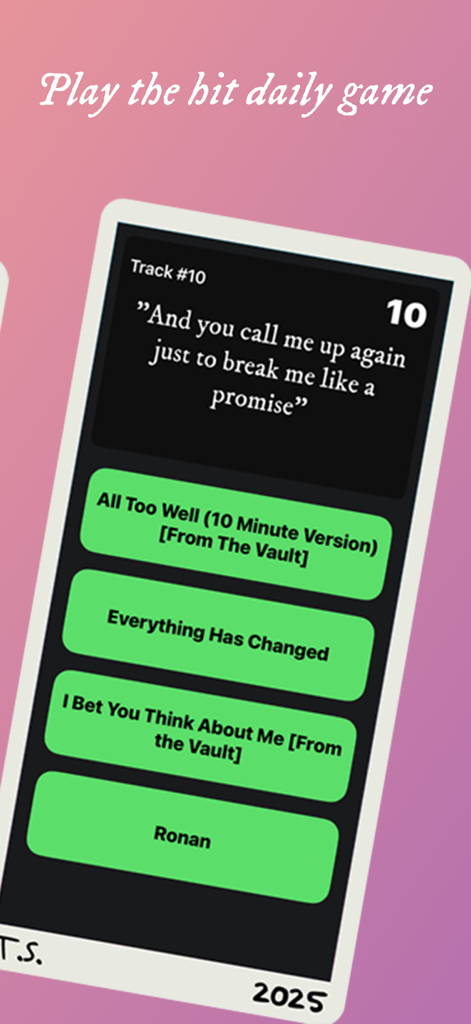 Swiftie Swipe - A mobile game screen from Swiftie Swipe showing a Taylor Swift lyric trivia question with multiple choice options