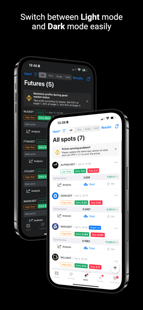 Crypto Trading App By Zyncas interface shown in both light and dark modes on smartphone screens