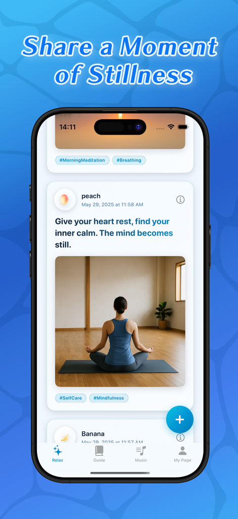 A smartphone displaying the AQUA app community feed with a user post about mindfulness and meditation.