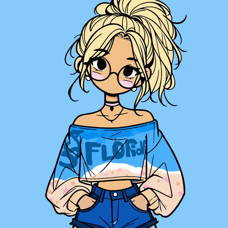 girl with a messy ponytail glasses a baggy crop top and jean shorts