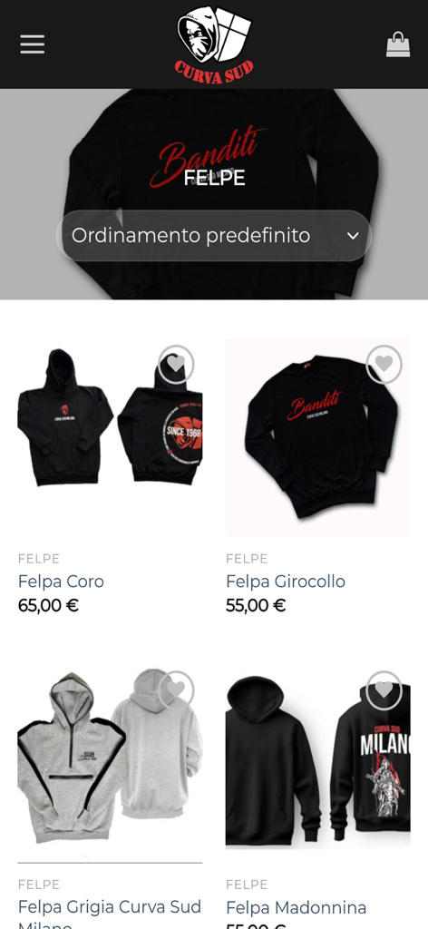 The e-commerce section of the Curva Sud Milano app displaying official AC Milan supporter sweatshirts and hoodies.