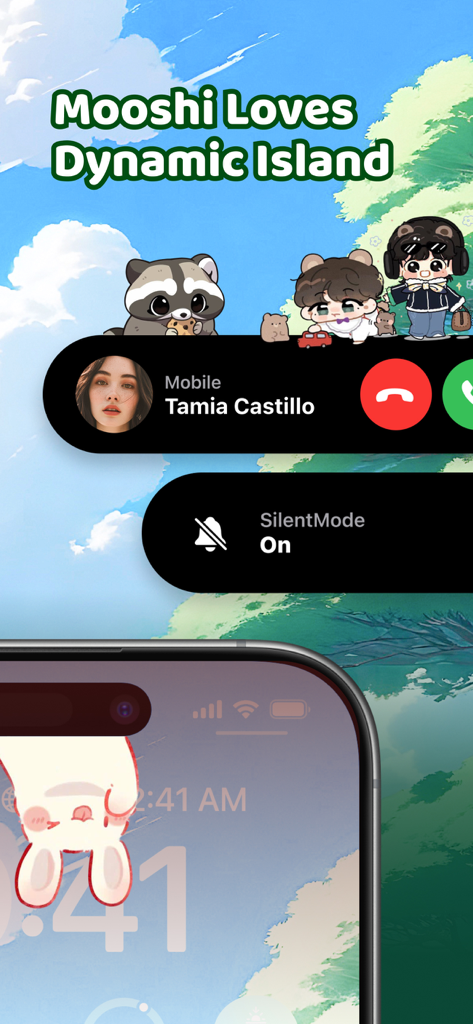 Mooshi - Ah Shimeji - Cute animated characters sitting on the iPhone Dynamic Island with a call notification.
