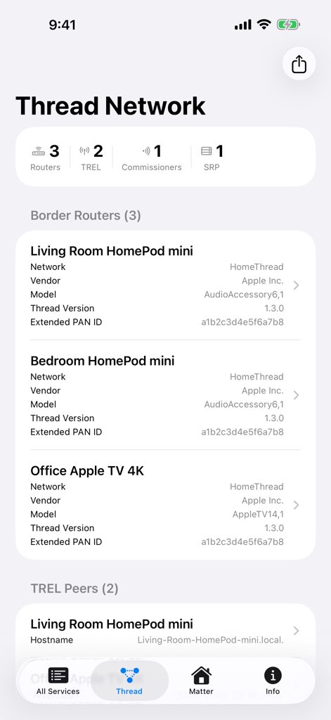 Herald Bonjour Network Browser - Pantalla de la aplicación Herald que muestra routers de borde de red Thread, incluyendo detalles de HomePod mini y Apple TV 4K.