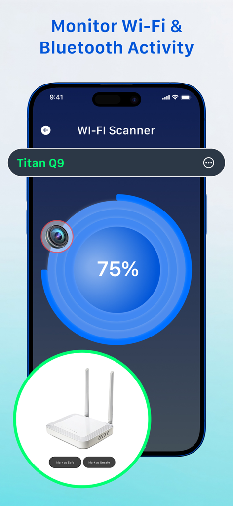 Spy Device Detector - CamOk - Interfaz de la aplicación CamOk mostrando una pantalla de progreso del escáner WiFi para detectar dispositivos.