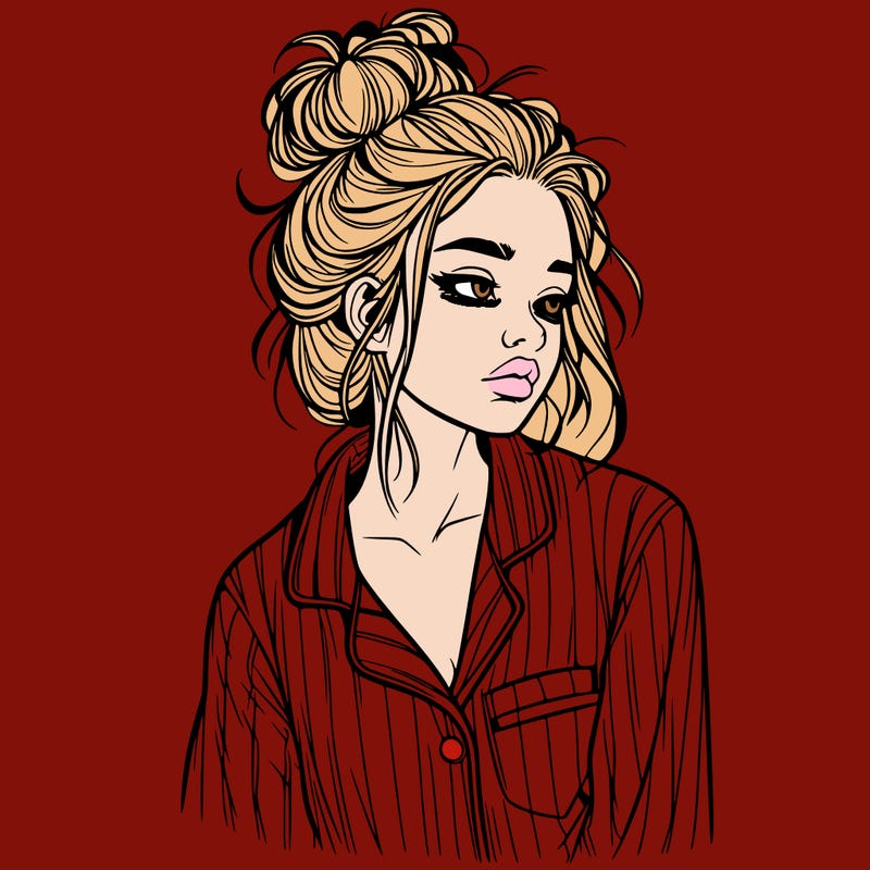 realistic woman with pajamas on and a messy bun