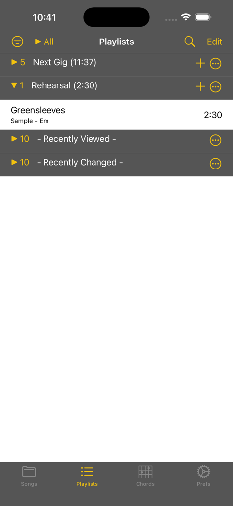 Schermata di gestione playlist dell'app SongBook Chordpro che mostra scalette per concerti e prove