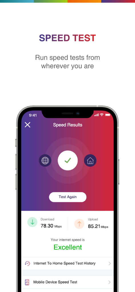 Go Kinetic - A mobile screenshot of the Go Kinetic app showing speed test results for download and upload speeds