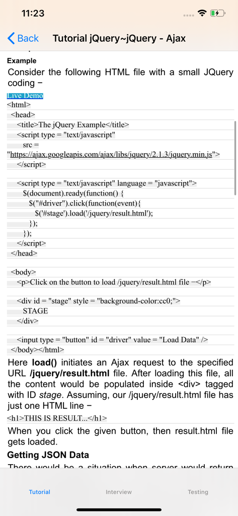 Tutorial for jQuery - loadメソッドのjQuery Ajaxコード例を示すチュートリアル画面。