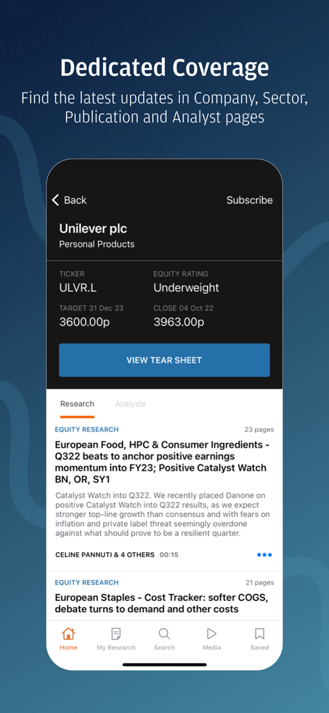 J.P. Morgan Markets app displaying institutional equity research and company ratings for Unilever plc.