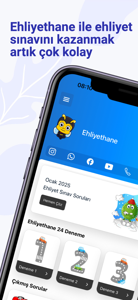 Home screen of Ehliyethane app displaying practice exams and past questions for the Turkish drivers license test