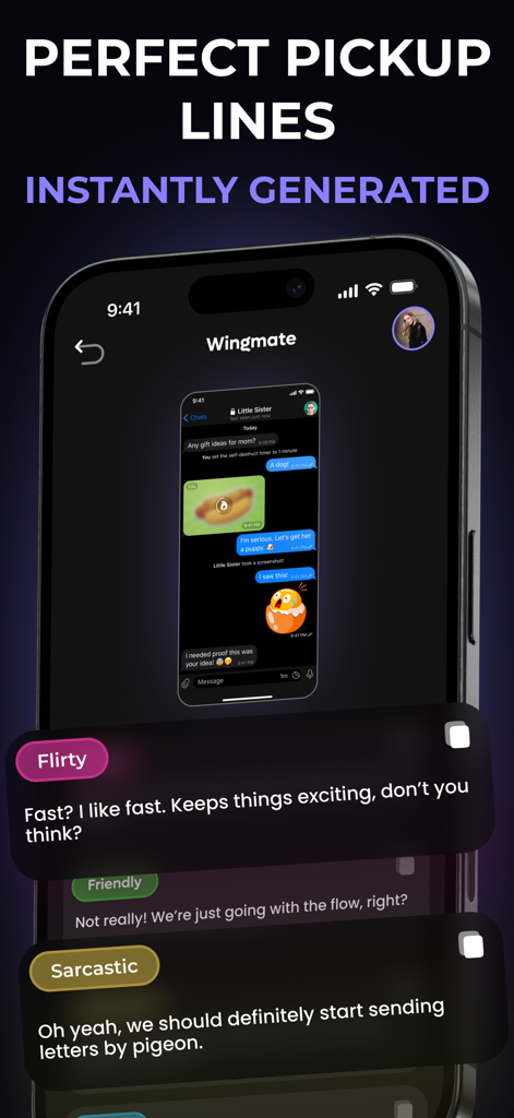 Rizz AI Dating: RizzGen - Rizz AI app displaying instantly generated flirty and sarcastic pickup lines based on a chat screenshot