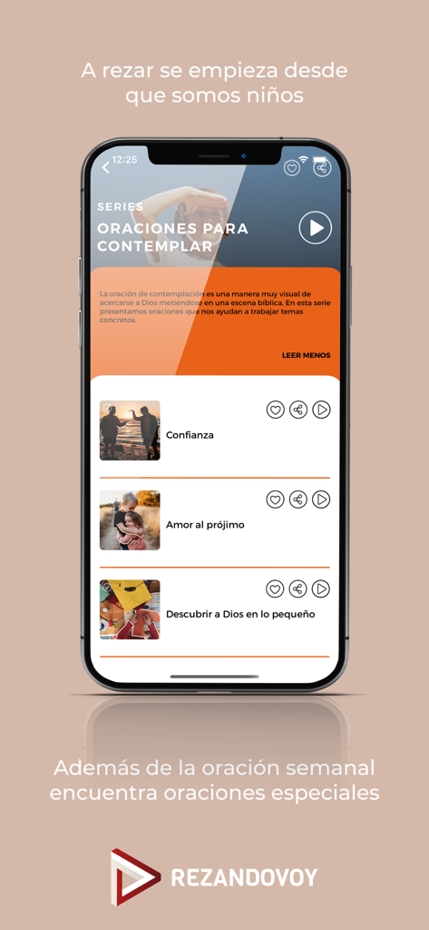 Rezandovoy Infantil - Interfaz de la aplicación móvil Rezandovoy Infantil que muestra una serie de oraciones guiadas especiales para niños en español
