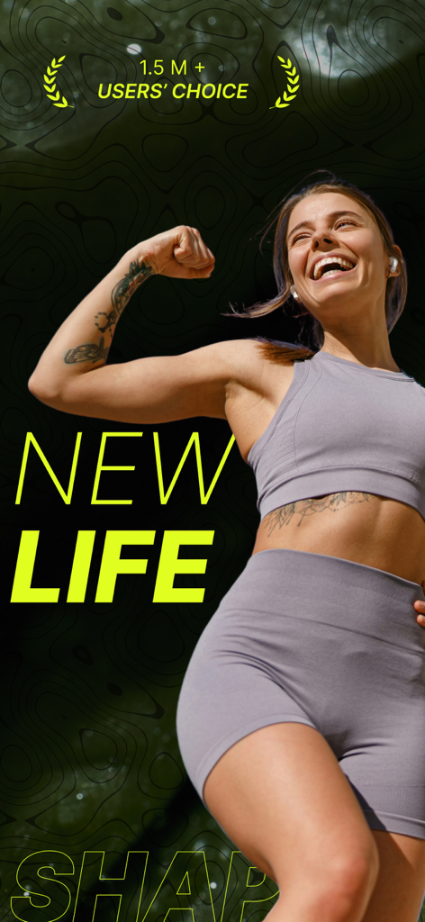 Smiling woman in grey workout gear flexing her muscle with text stating New Life and over 1.5 million users choice for the Shapy fitness app.