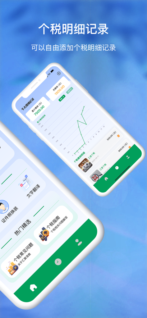 Interface of a Chinese personal income tax calculator app showing a monthly tax payment trend graph and tax records