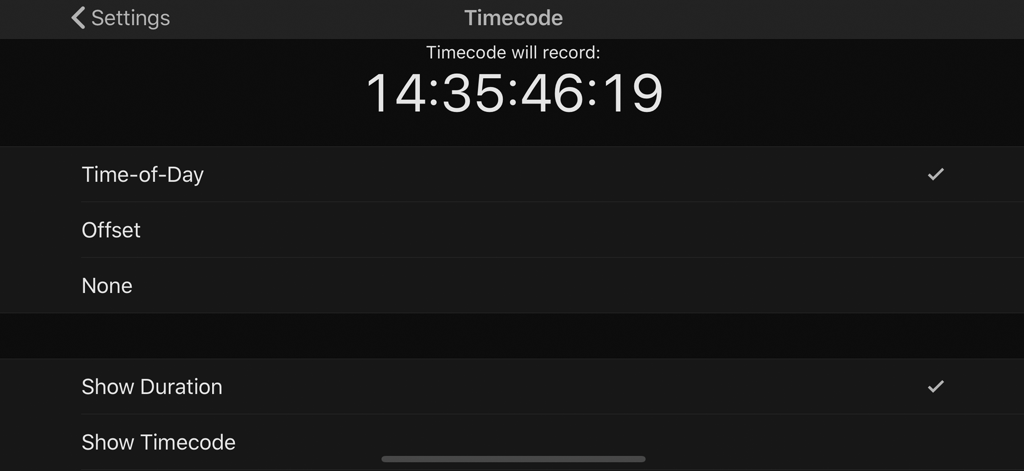 Mavis - Camera Classic - Interface of the Mavis Camera Classic app showing professional timecode settings including time-of-day and display options.