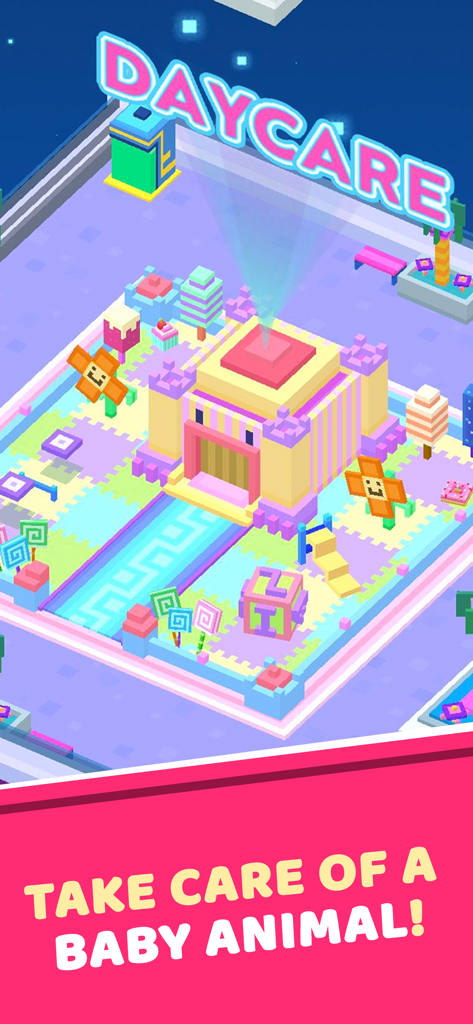 Idle Star Zoo: Universe Tycoon - Área de guardería colorida estilo voxel con temática de dulces en el juego móvil Idle Star Zoo.