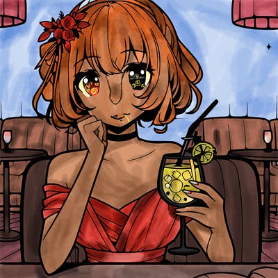 elegant anime girl at restaurant holding drink