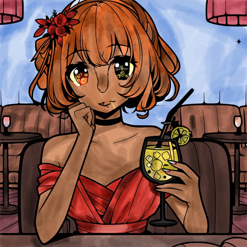 elegant anime girl at restaurant holding drink