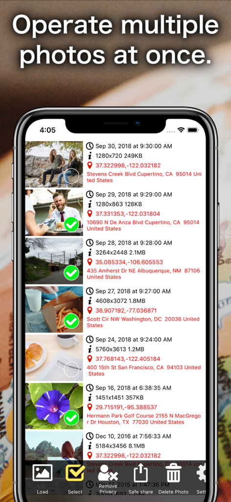 Exif delete - Photo Secure - Captura de tela do aplicativo Exif delete mostrando várias fotos selecionadas para remoção em lote de metadados, incluindo localização e detalhes do arquivo.