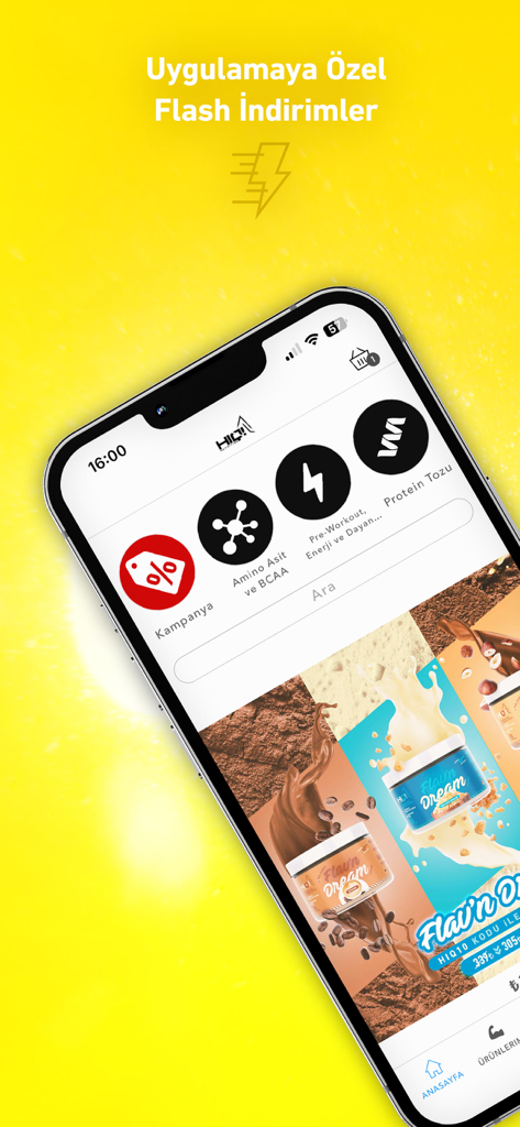 HIQ Nutrition Supplement - HIQ Nutrition Supplement app interface showing exclusive flash discounts and product categories