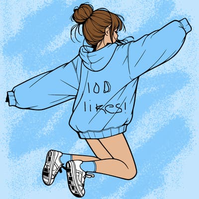 realistic girl jumping with a bun and oversized sweatshirt