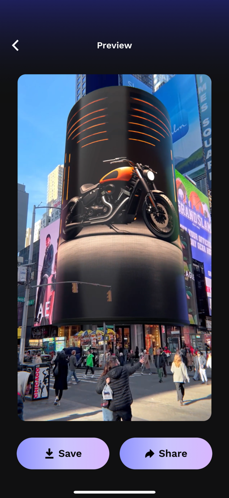 CGI Video Ads Maker - VFX Ads - 賑やかな都市広場の巨大な湾曲ビルボードに表示されたCGIバイク広告のプレビュー