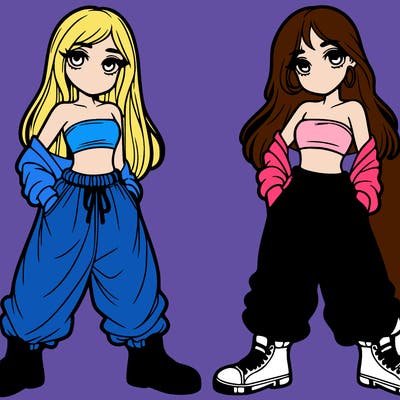 two girls in baggy pants with crop tops