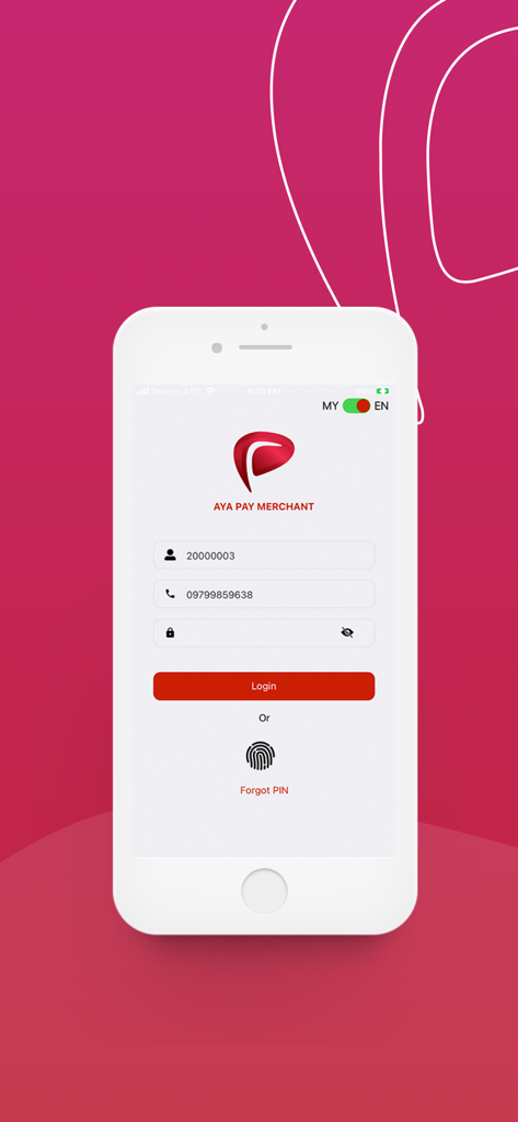 AYA PAY Merchant - AYA PAY Merchant app login screen showing fields for user ID and PIN with a biometric fingerprint option.